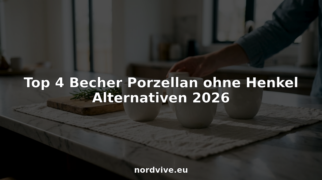 Vier schlichte Porzellanbecher ohne Henkel stehen auf einem Holztisch.