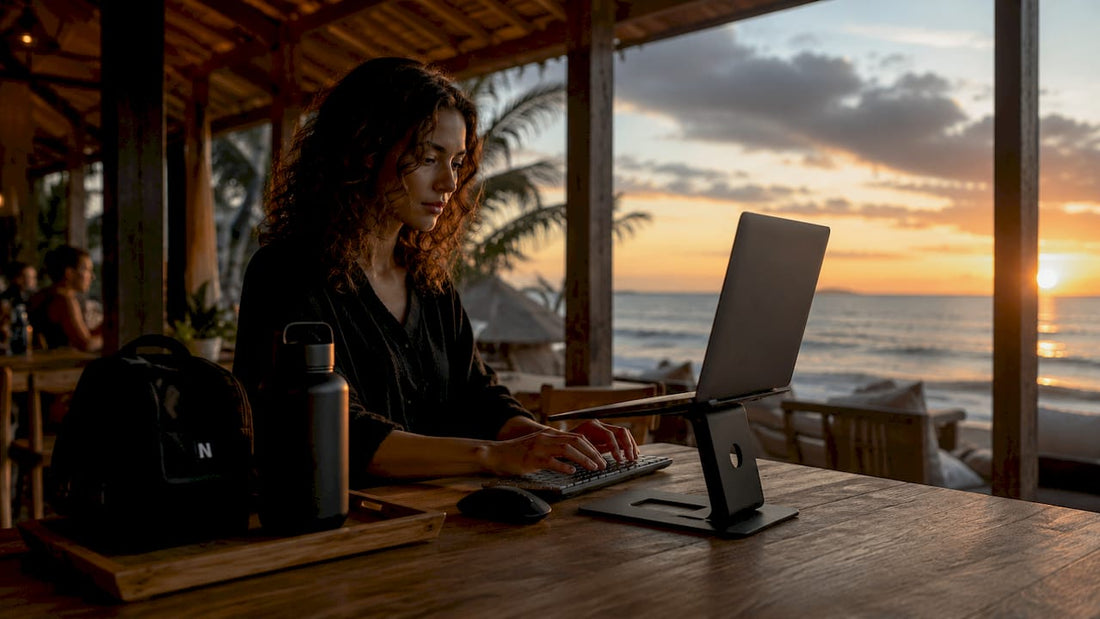Arbeiten, wo andere Urlaub machen: Als digitaler Nomade mit dem Laptop auf dem Stranddeck die Freiheit genießen.