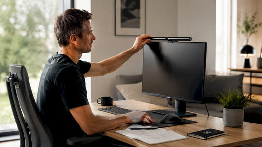 Ein Mann stellt die Bildschirmbeleuchtung an seinem Arbeitsplatz ergonomisch ein.