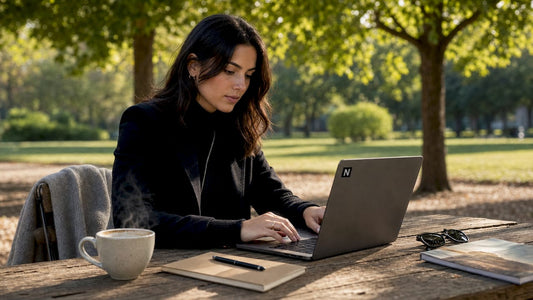 Eine Frau sitzt im Café und arbeitet an ihrem Laptop.