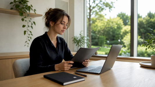 Ein Freelancer richtet sich seinen aufgeräumten, minimalistischen Arbeitsplatz im Homeoffice ein.