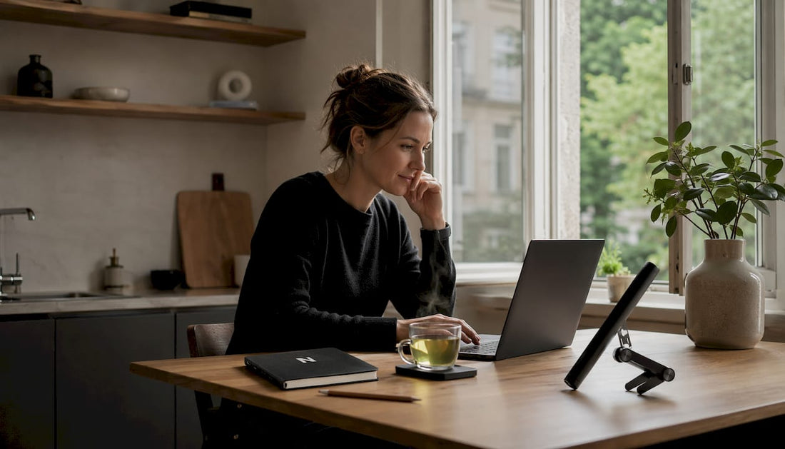 In ihrem gemütlichen Arbeitszimmer zuhause ist eine Frau ganz bei der Sache und arbeitet fokussiert an ihren Aufgaben.
