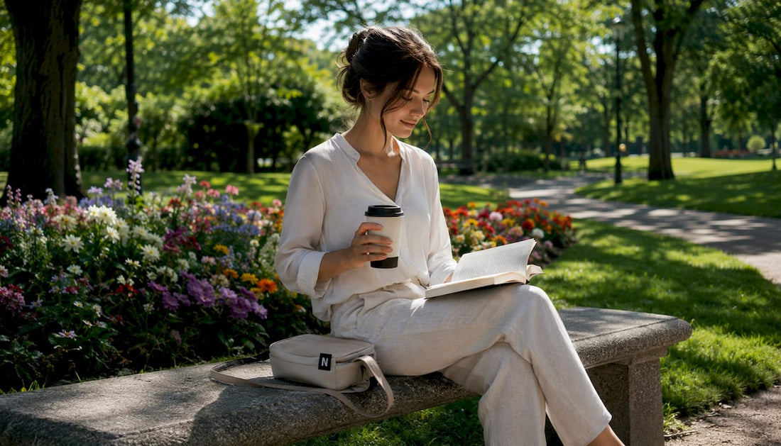 Eine Frau sitzt entspannt im Park und genießt ihren Kaffee aus einem Keramikbecher.