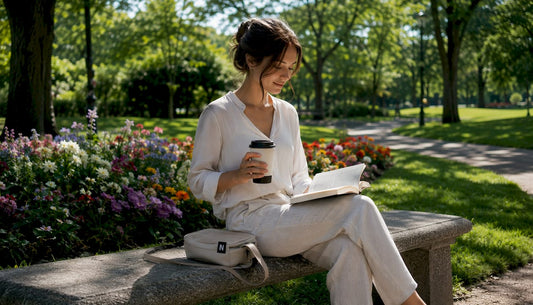 Eine Frau sitzt entspannt im Park und genießt ihren Kaffee aus einem Keramikbecher.