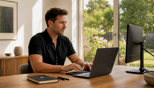 Ein Mann sitzt an seinem Schreibtisch im Homeoffice und arbeitet mit Laptop und anderen technischen Geräten.