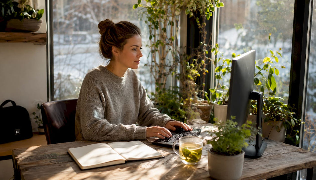 Eine Frau arbeitet entspannt und konzentriert an ihrem Schreibtisch im Homeoffice.
