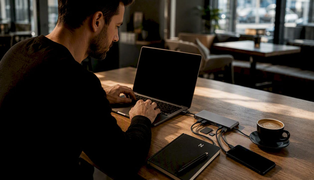 Im Homeoffice greift der Nutzer auf einen USB-C-Hub mit Ethernet-Anschluss zurück, um eine stabile Netzwerkverbindung zu gewährleisten.