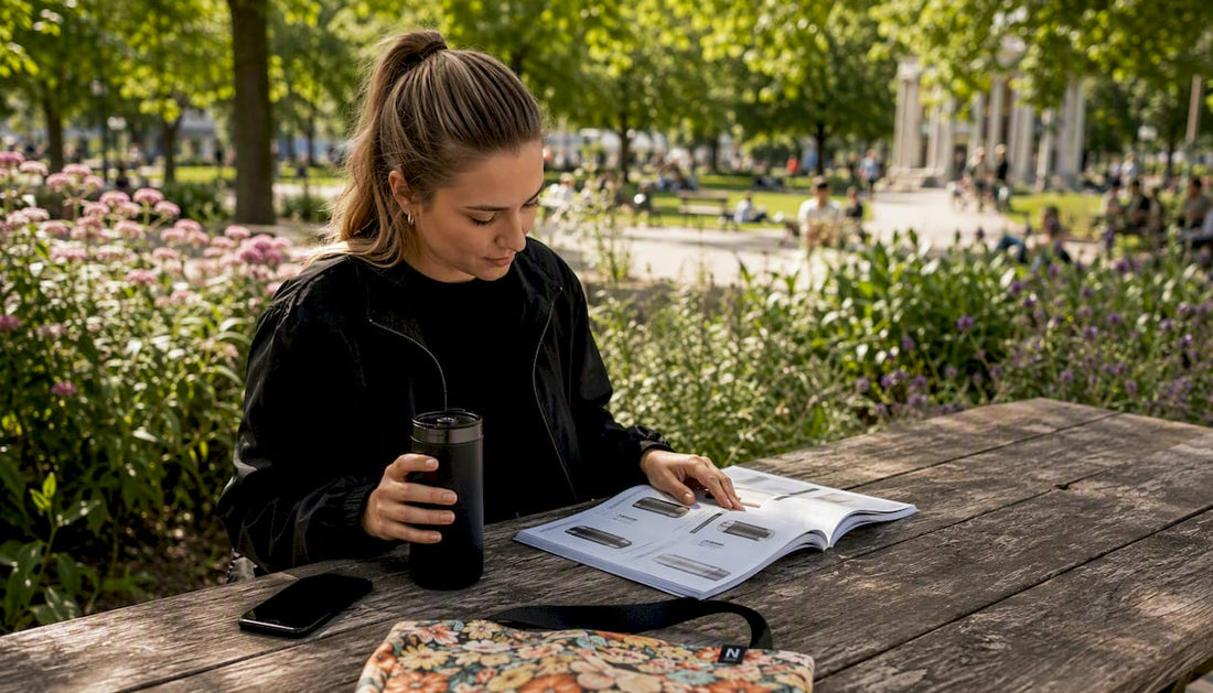 Eine Frau sitzt gemütlich im Café und hält einen Thermobecher in der Hand.