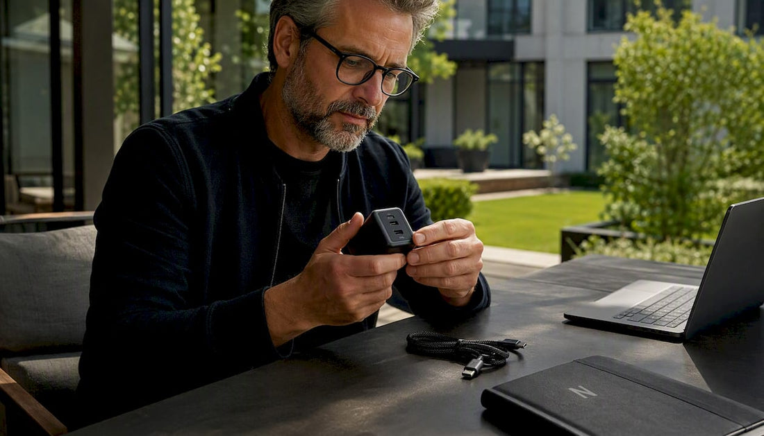 Eine Person hält ein handliches USB-C-Schnellladegerät in der Hand.