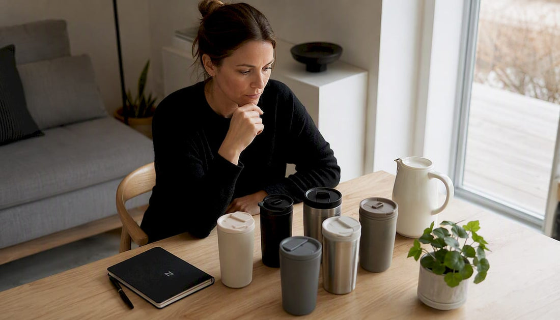 Eine Frau testet ihren Thermobecher in den eigenen vier Wänden.