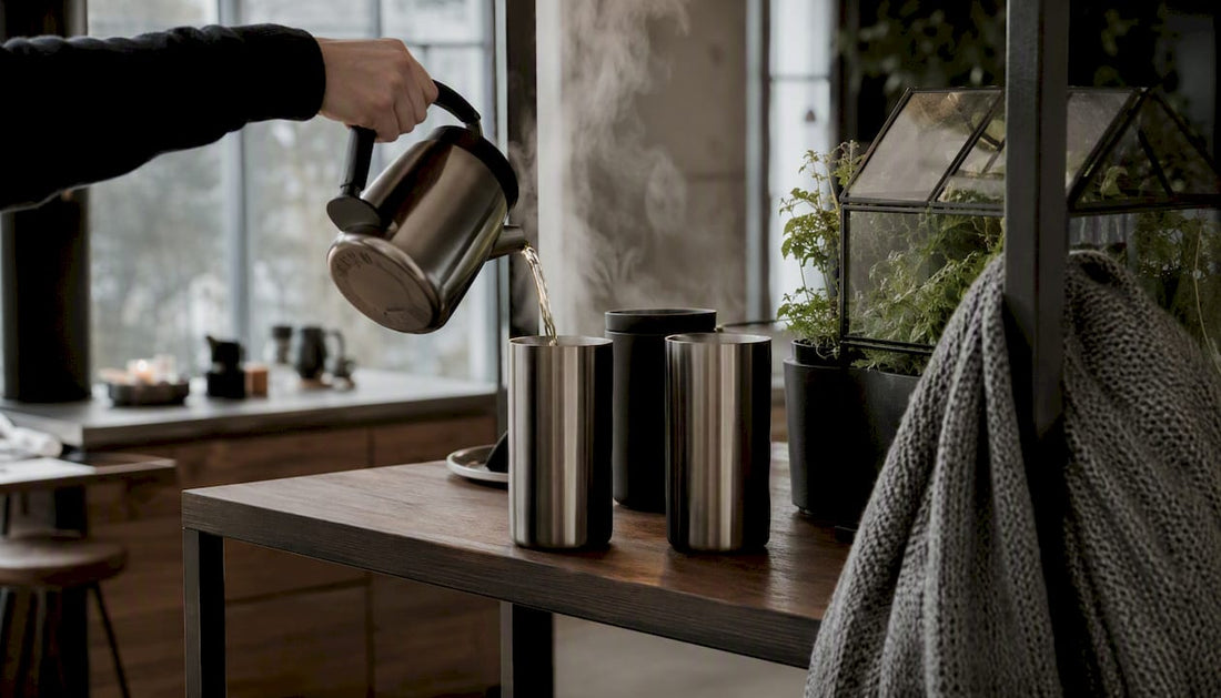 Frischen Kaffee in einen Thermobecher füllen