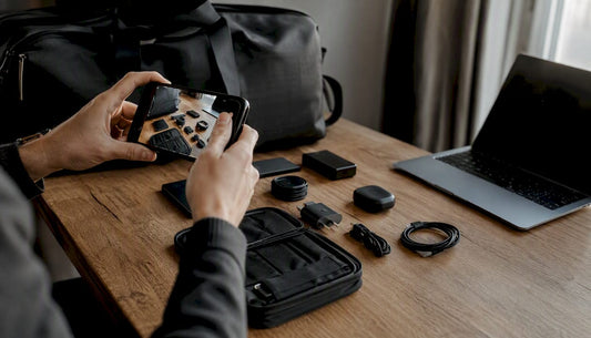 Jemand fotografiert sein sorgfältig gepacktes Technik-Reiseset.