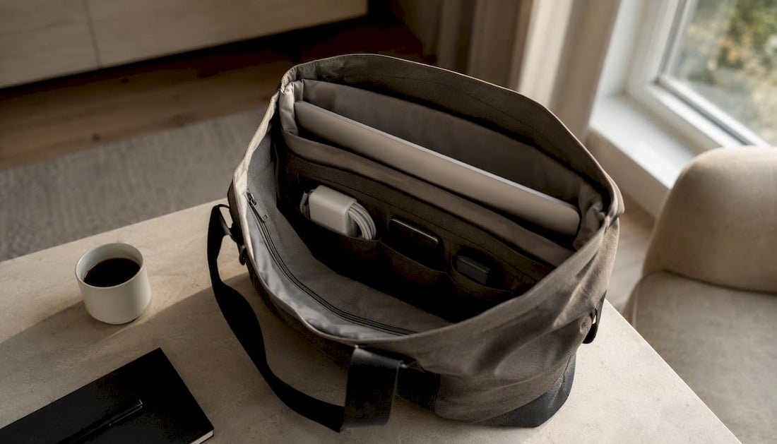 Offene, stylische Tragetasche mit Laptop und Zubehör – alles griffbereit verstaut.