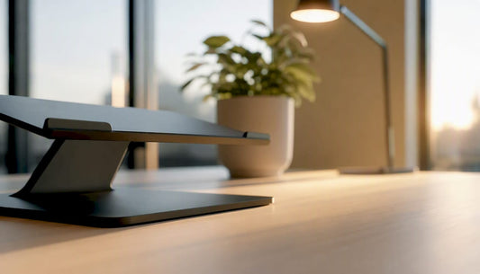 Modernes, auf das Wesentliche reduziertes Arbeitsplatz-Setup mit einem Laptop-Ständer am Rand des Schreibtisches.