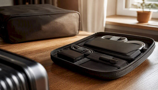Praktische Tech-Tasche mit ordentlich verstauten Kabeln und Powerbank