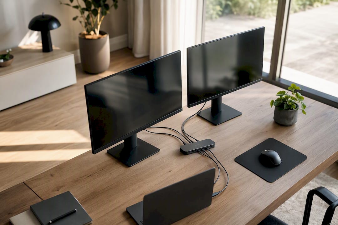 Ein USB-C-Hub ist auf dem Schreibtisch angeschlossen und verbindet zwei Monitore miteinander.