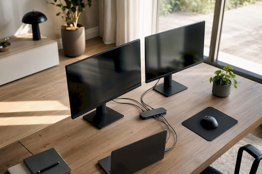 Ein USB-C-Hub ist auf dem Schreibtisch angeschlossen und verbindet zwei Monitore miteinander.