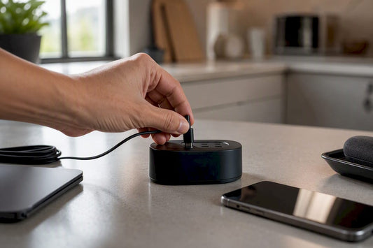 Nahaufnahme eines mit dem Ladegerät verbundenen USB-C-Kabels
