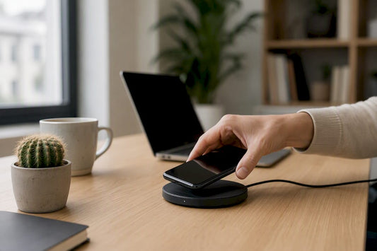 Hand legt Smartphone auf eine kabellose Ladestation auf dem Schreibtisch