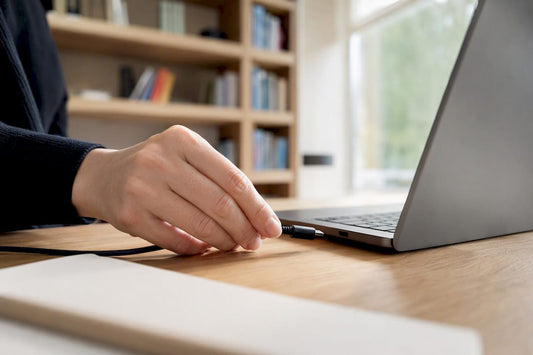 USB-C-Kabel wird in den Laptopanschluss eingesteckt