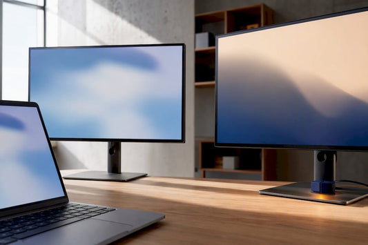 Laptop mit zwei externen Bildschirmen
