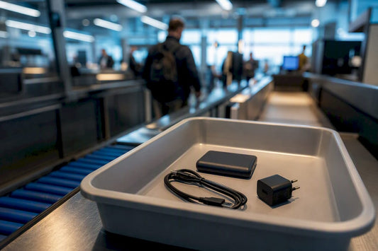Powerbank in der Wanne bei der Sicherheitskontrolle am Flughafen